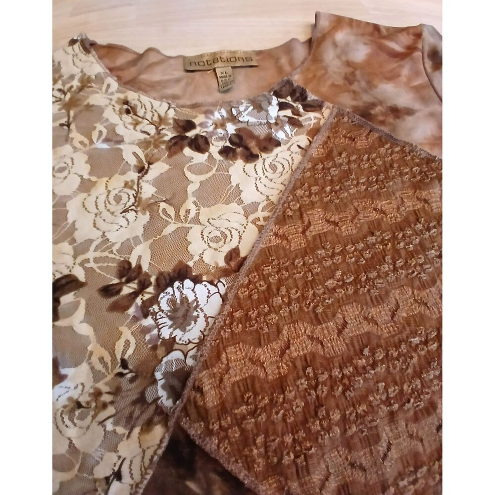 Notations Women's Patchwork Top Textured Floral Short Sleeve Boho Asymmetrical - Picture 3 of 10